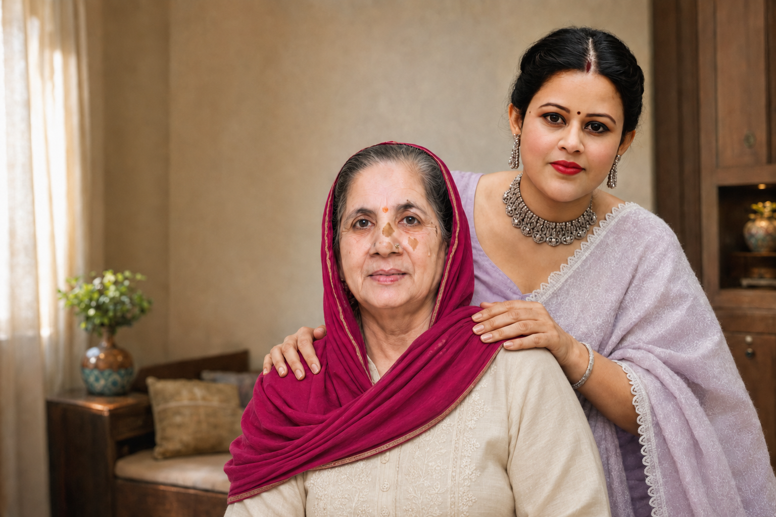 Manisha Sharma gently caring for her mother-in-law at home